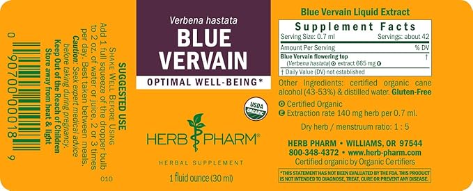 Herb Pharm Certified Organic Vervain Liquid Extract, Blue, 1 Fl Oz