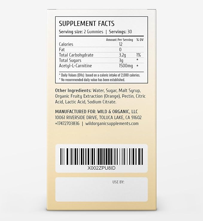 Wild & Organic Acetyl L-Carnitine 1500mg Gummies - Alcar Chews for Brain & Energy Support - L Carnitine Supplement with 60 Count - Energy and Focus Gummies with Acetyl Powder