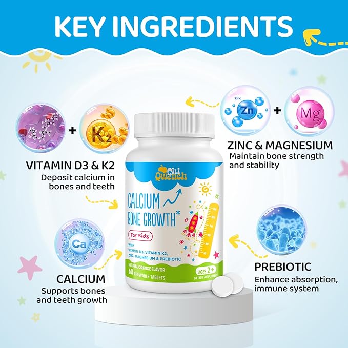 500 MG Calcium Supplement with Vitamin D3 & K2, Zinc, Magnesium & Prebiotics. Kids Vitamins for Kids' Height. Bone Strength, High Absorption, Orange Chewables, Gluten Free, 120 Tabs