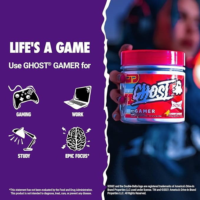 GHOST Gamer: Energy and Focus Support Formula - 40 Servings, Sonic Cherry Limeade - Nootropics & Natural Caffeine for Attention, Accuracy & Reaction Time - Vegan, Gluten-Free