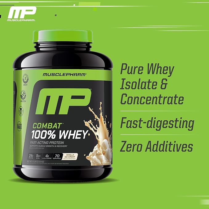 MusclePharm Combat 100% Whey Protein Powder, Vanilla Flavor, Fast Recovery & Muscle Gain with Whey Protein Isolate, High Protein Powder for Women & Men, Gluten Free, 5 lb, 70 Servings