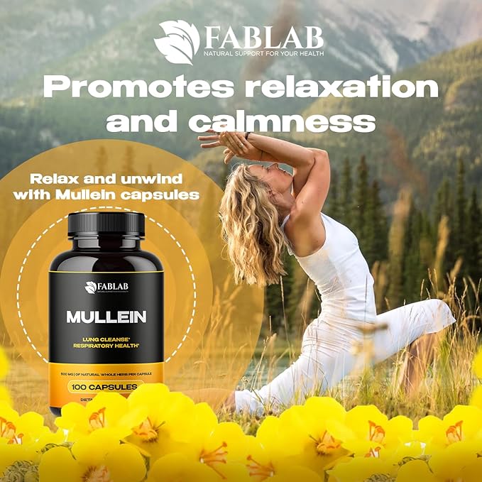 FabLab Mullein Leaf Capsules Supports Healthy Respiratory Function & Immune System Organic Mullein Lung Cleanse Herbal Supplement (100 Capsules)