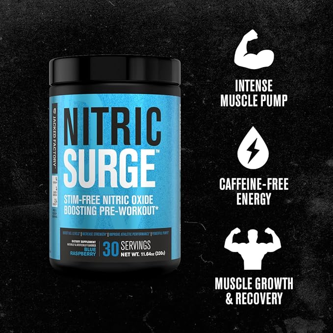 Jacked Factory Nitric Surge Stim Free Pre Workout Powder - Caffeine-Free Nitric Oxide Supplement w/Con-Cret Creatine, L Citrulline, & GlycerSize Glycerol - Cherry Kiwi, 30 Servings