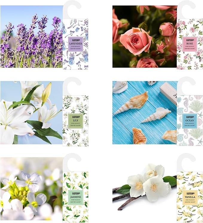 MYARO 12 Packs Large Sachets for Drawers and Closets, Large Hanging Sachet Bags Closet Air Fresheners Potpourri Bags Long-Lasting 6 Scents - Lavender, Rose, Jasmine, Ocean, Vanilla, Lily