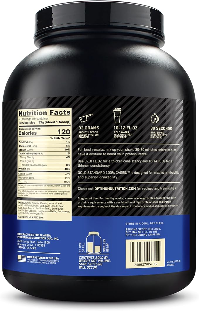Optimum Nutrition Gold Standard 100% Micellar Casein Protein Powder, Slow Digesting, Helps Keep You Full, Overnight Muscle Recovery, Creamy Vanilla, 4 Pound (Packaging May Vary)