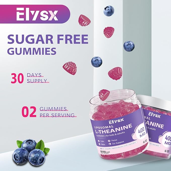 Liposomal L Theanine Gummies, Chewable L-Theanine 400mg with GABA Supplement for Kids & Adults, Stress Relief, zzZ and Relaxation, Focus Support, Natural Blueberry Flavor, 60 Count