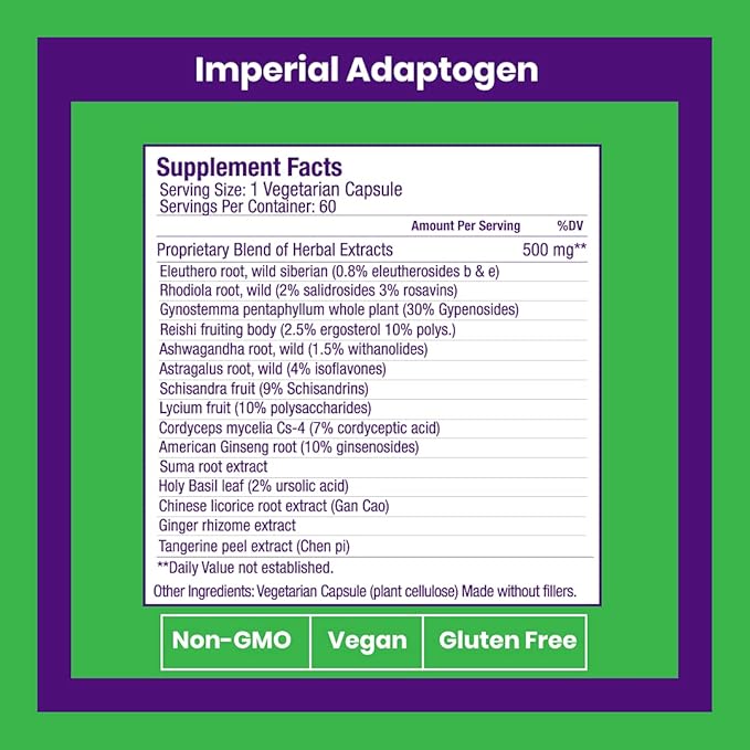 Paradise Herbs, Imperial Adaptogens, with Ashwagandha, Astragalus, Rhodiola, Proprietary Adaptogen Blend for Stress Support, Focus & Energy, 60 Vegetarian Capsules