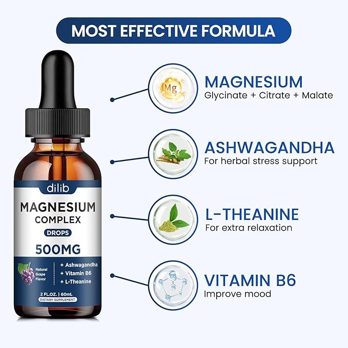 Magnesium Glycinate Liquid Drops, Magnesium Glycinate Supplement 500mg with Citrate, Malate, Ashwagandha, L-Theanine, Vitamin B6 for Sleep, Stress Relief, Bone, Muscle, Mood, Grape Flavor 2 Fl Oz