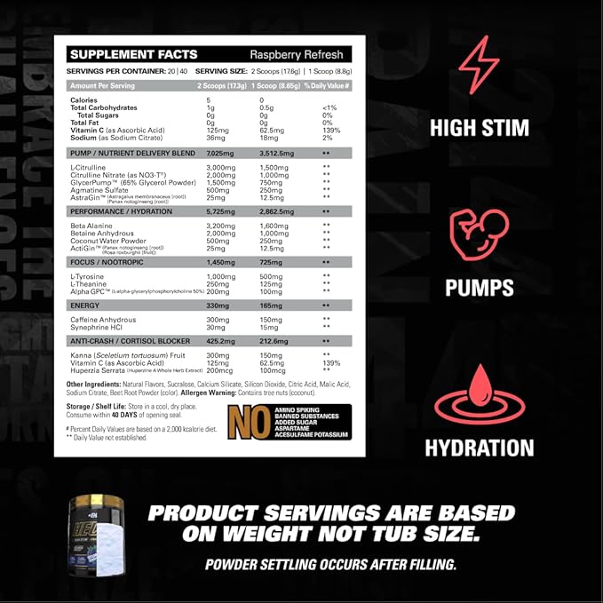 EHP Labs Hectic PreWorkout - High Stim Advanced Pre Workout Powder for Max Performance - Caffeine, Beta Alanine, Coconut Water - Energy, Pump, Recovery & Hydration - 40 Serves (Raspberry Refresh)