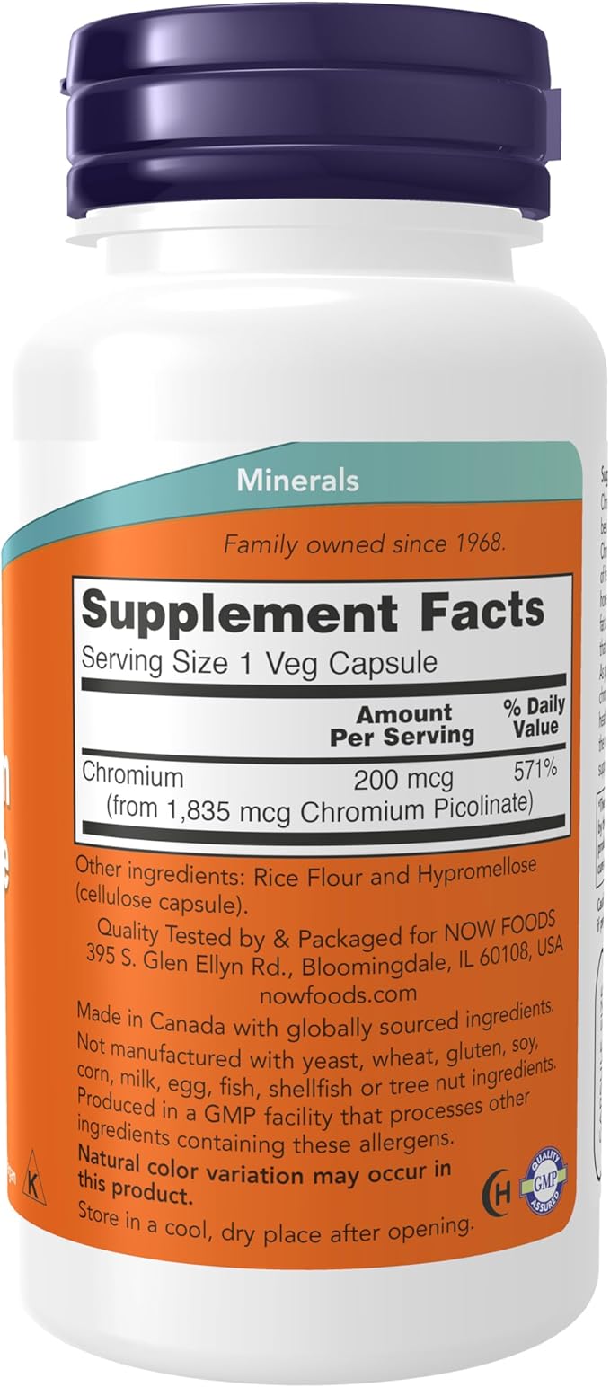 NOW Supplements, Chromium Picolinate 200 mcg, Insulin Co-Factor*, 100 Veg Capsules