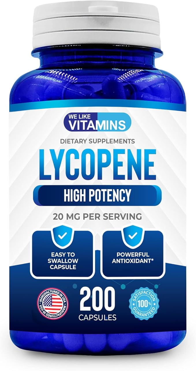 We Like Vitamins Lycopene Supplements for Men & Women - Lycopene 20mg Per Serving - 200 Capsules - Super Antioxidant which Helps Support Immune System and Prostate Health