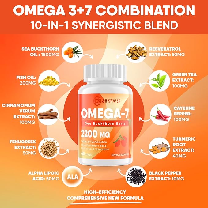 Omega-7 Sea Buckthorn Oil - with Omega-3 EPA/DHA Fish Oil, Cinnamomum, Fenugreek, ALA, Green Tea, Cayenne Pepper, Turmeric, Resveratrol, Black Pepper - Gluten-Free, 60 Softgels