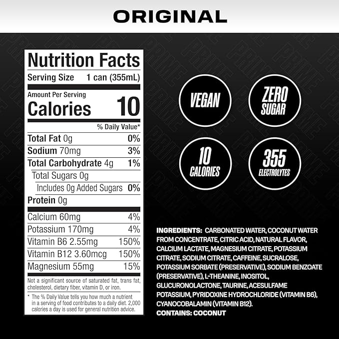 PRIME Energy ORIGINAL, Zero Sugar Energy Drink, Preworkout Energy, 200mg Caffeine with 355mg of Electrolytes and Coconut Water for Hydration| Vegan, Gluten Free, 12 Fluid Ounce |24 Pack