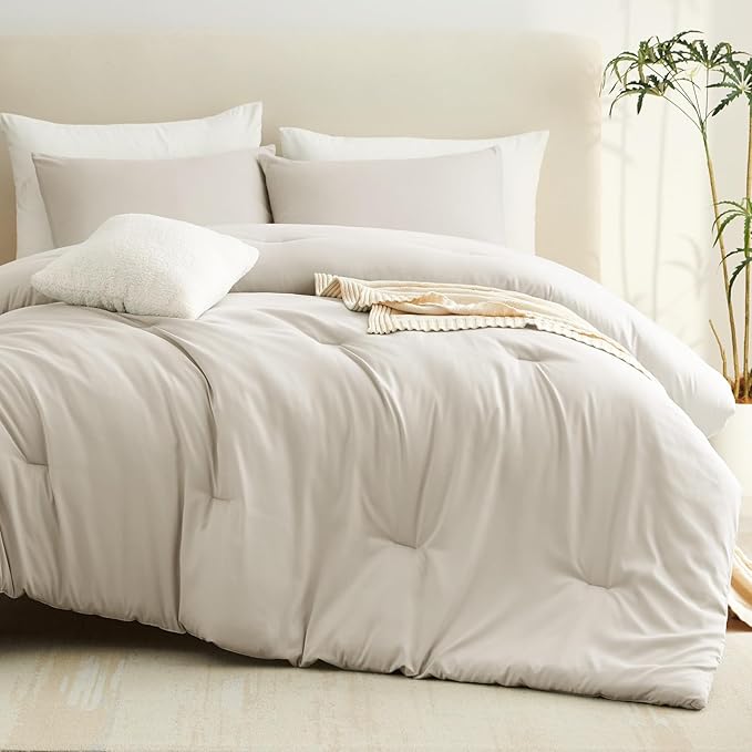 CozyLux Beige Comforter Set Twin/Twin XL Size, 2 Pieces Twin Extra Long Boho Solid Breathable Quilted Style Bedding Sets, Luxury Fluffy Soft Microfiber Comforter All Season(1 Comforter & 1 Pillowcase)