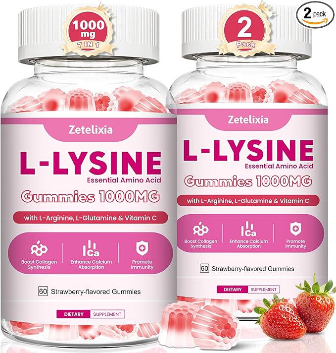 2 Pack L-Lysine Gummies 1000mg, Lysine Gummies Supplement for Adults & Kids, Essential Amino Acid with L-Arginine, L-Glutamine for Lip & Skin, Immune, Calcium Absorption, Strawberry Flavor, 120Ct