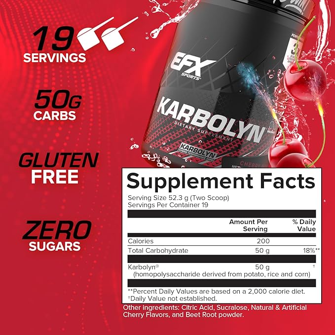 EFX Sports Karbolyn Fuel | Fast-Absorbing Carbohydrate Powder | Carb Load, Sustained Energy, Quick Recovery | Stimulant Free | 19 Servings (Cherry Bomb)