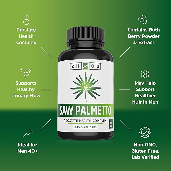 Zhou Saw Palmetto Supplement for Men - Premium Complex, Advanced Formula, Extra Strength 450mg Saw Palmetto Berry Per Capsule - 100 Vegetarian Capsules