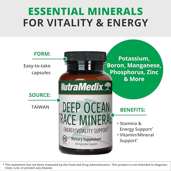 NutraMedix Deep Ocean Trace Minerals 1,000mg - Mineral & Energy Supplements - Magnesium, Zinc, Potassium, Boron, Phosphorus & Manganese - Electrolyte Support (60 Capsules)
