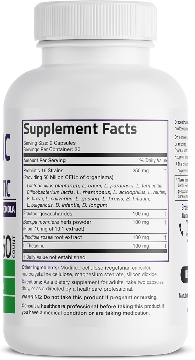 Bronson Brain + Mood Probiotic 50 Billion CFU Plus Prebiotic with L-Theanine, Bacopa and Rhodiola Non-GMO, 60 Vegetarian Capsules