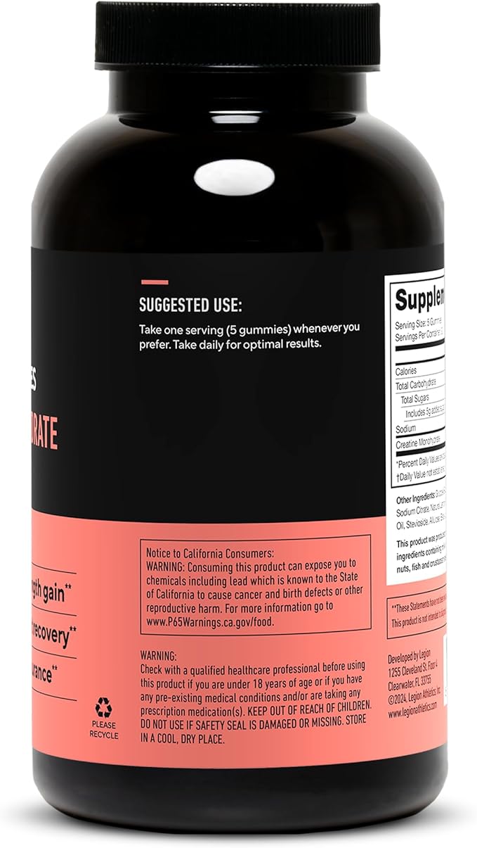 LEGION Creatine Monohydrate Gummies - Clean Creatine Gummies for Muscle Gain, Improving Endurance & Post Workout Recovery - Creatine Supplement for Maximum Absorption (150 Lemon Drop Gummies)