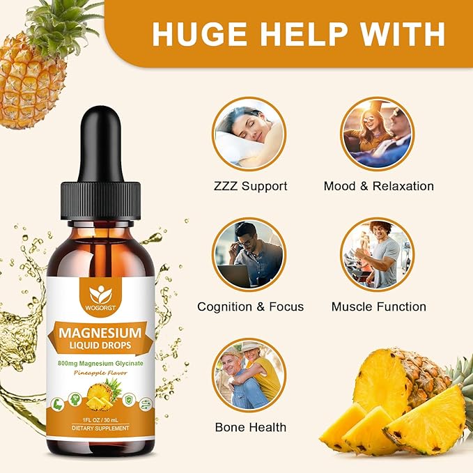 Magnesium Glycinate Liquid Drops with Citrate & Taurate - Cognition, Muscle & Focus, Liquid Magnesium Complex Supplement with Vitamin D3, GABA, L-theanine, Pineapple Flavor - 1 Fl Oz (2 Pack)
