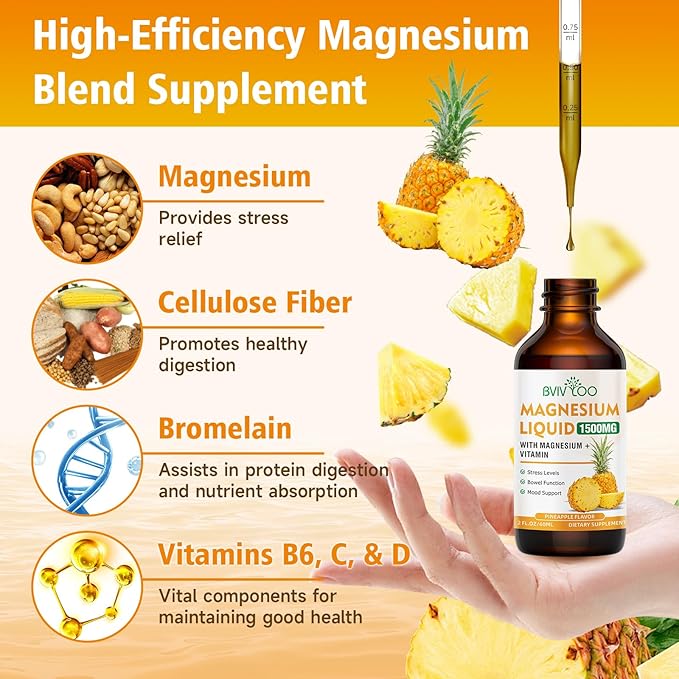 2 Pack Magnesium Glycinate Liquid, High Absorption Magnesium Liquid Drops with Cellulose Fiber, Bromelain, Vitamins B6 C D & Zinc, Magnesium Supplement for Adults & Kids, Pineapple Flavor
