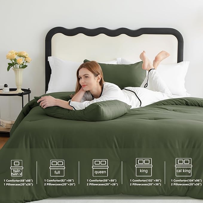 CozyLux Olive Green Comforter Set Full Size, 3 Pieces Solid Breathable Quilted Style Bedding Sets, Dark Olive Green Luxury Fluffy Soft Microfiber Comforter for All Season (1 Comforter & 2 Pillowcases)