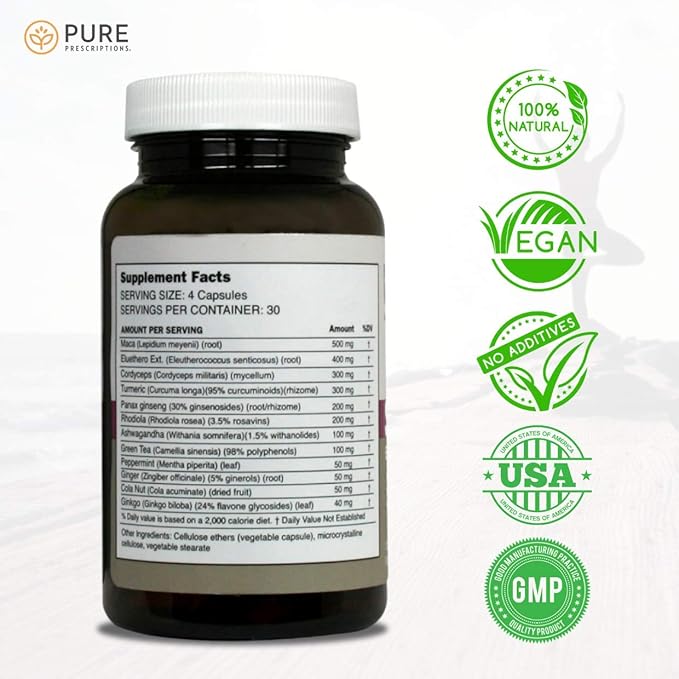 SR Stamina Natural Stress Support Supplement - Maca Root Powder with Ashwagandha for Enhanced Energy, Stamina, Athletic Performance, and Memory - 120 Veg Capsules - USA Made