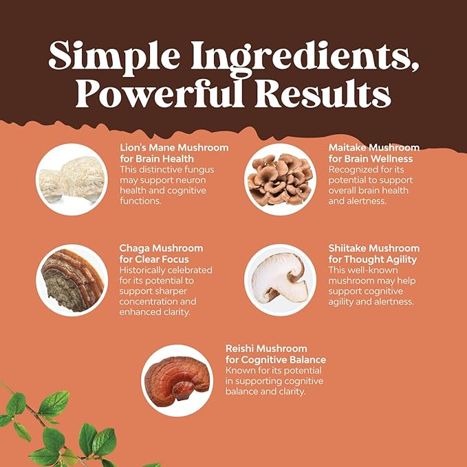 Advanced Mushroom Complex Capsules - 10X Lions Mane Supplement Capsules with Reishi, Chaga , Maitake & Shiitake for Brain Health, Memory Support & Focus - Nootropic for Mental Clarity - 30 Caps
