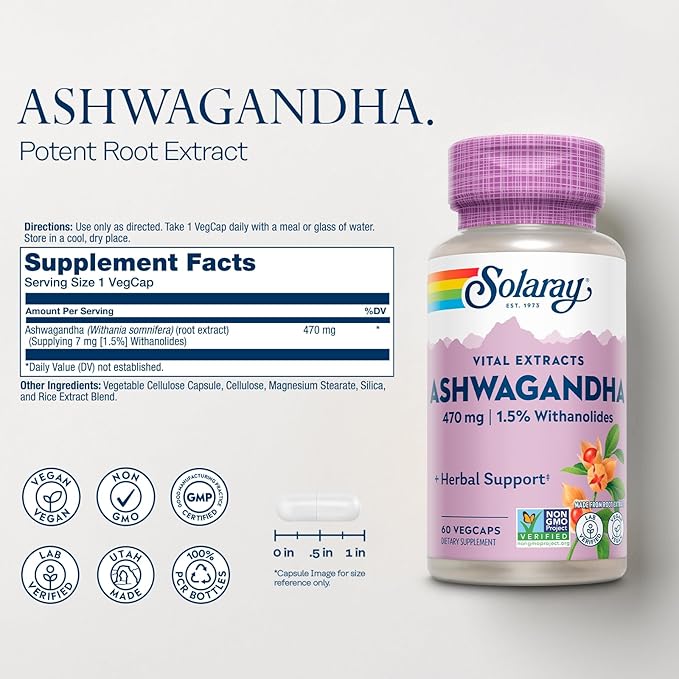 SOLARAY Vital Extracts Ashwagandha - 470 mg Ashwagandha Root Extract Standardized to 7 mg Withanolides - Vegan, Non-GMO, Lab Verified, 60-Day Guarantee - 60 Servings, 60 VegCaps