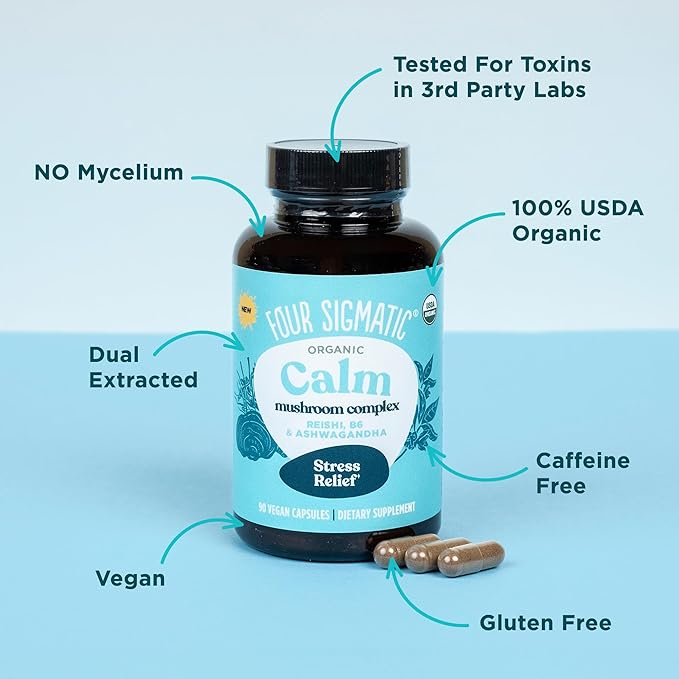 Four Sigmatic Calm Capsules | Vegan Stress Relief Supplement to Promote Positive Mood with Organic Ashwagandha Powder, Organic Reishi Mushroom, Tulsi (Holy Basil Extract), Vitamin B6 | 30 Servings
