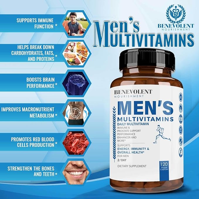 Benevolent Nourishment Multivitamin for Men - Supports Energy & Overall Health - Essential Daily Vitamins for Men, Biotin, Magnesium, Zinc & Antioxidant for Immune Health - Non-GMO,120 Caps