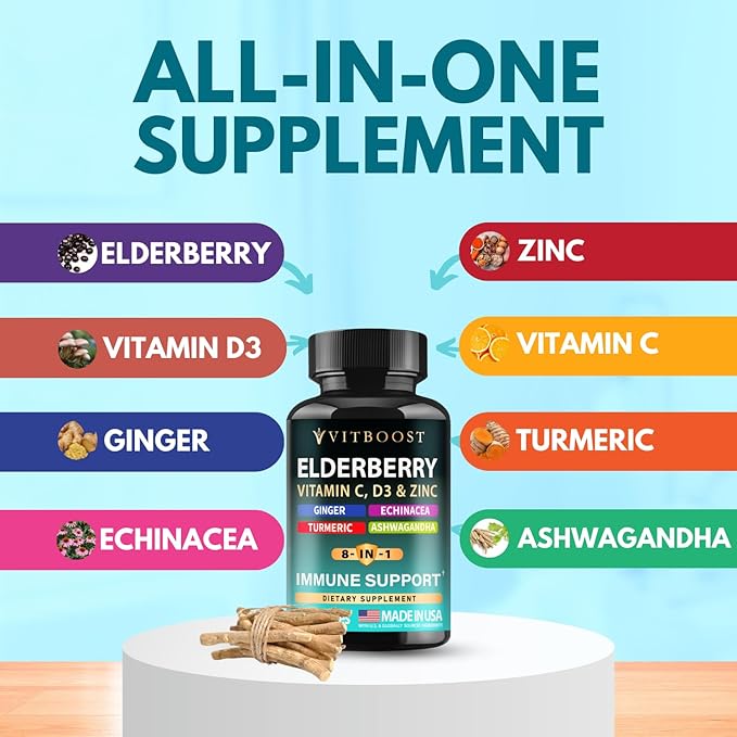 Elderberry Immune Support Supplement 8-in-1 Formula with Echinacea, Vitamin C & Zinc, Vitamin D 5000 IU, Turmeric, Ginger, Ashwagandha – Pack of 2