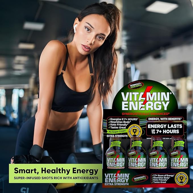 Vitamin Energy Workout+ Extra Strength Daily Energy Shot – Sour Apple – 260mg Natural Caffeine, B-Vitamins – Pre-Workout & Endurance Support – Zero Sugar, Vegan, Kosher – 1.93 fl oz, 24-Pack