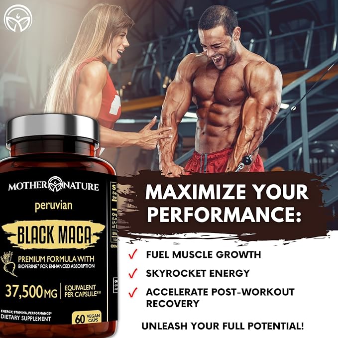 Mother Nature 37,500mg 50x Strength Organic High-Potency Peruvian Black Maca Root Capsules for Men 100% Pure Maca Peruana 50:1 Extract to Boost Stamina, Enegy, Muscle Gain - 60ct