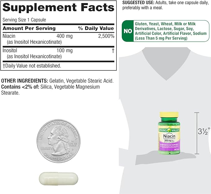 Spring Valley Vitamin B3 Niacin 500mg Flush Free Capsules, Dietary Supplement 60 Pills (Pack of 1)