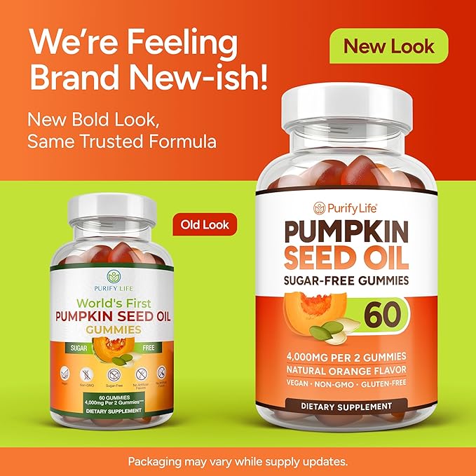 Sugar-Free Pumpkin Seed Oil Gummies (4,000mg/serving) Pumpkin Seed Oil for Hair Growth, Youthful Skin, Prostate Health, Immune & Urinary Tract Support-Natural Source of Essential Fatty Acids-60 Chews