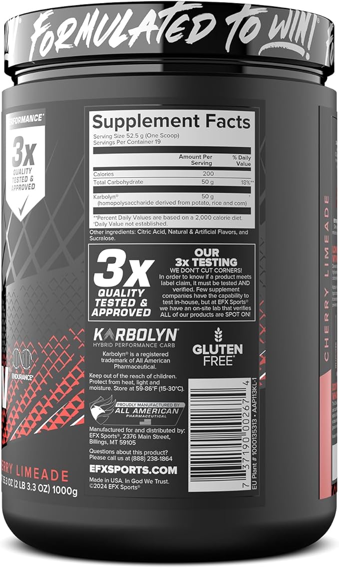 EFX Sports Karbolyn Fuel | Fast-Absorbing Carbohydrate Powder | Carb Load, Sustained Energy, Quick Recovery | Stimulant Free | 19 Servings (Cherry Limeade)