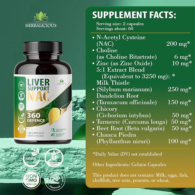 Liver Support NAC 360 Defence Capsules – Liver Detox with NAC, Milk Thistle, Dandelion Root, Turmeric, Choline, Zinc, and Chanca Piedra – Promotes Liver Health and Cellular Protection – 120 Capsules