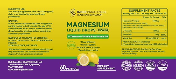 Magnesium Glycinate Liquid Drops 1500mg with Magnesium Citrate & Taurate, L-Theanine, Vitamin D3, B6 - Supports Calm, Sleep, Muscle Relaxation, Leg Cramps & Energy, Lemon Flavor, 60 mL