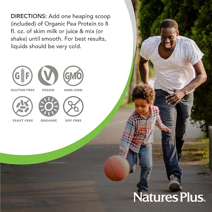 Natures Plus Organic Pea Protein - 1.1 lbs, Vegan Drink Powder - High Energy Protein Powder, Hunger Suppressant, Muscle Builder, Promotes Heart Health - Non-GMO, Vegetarian, Gluten-Free - 25 Servings