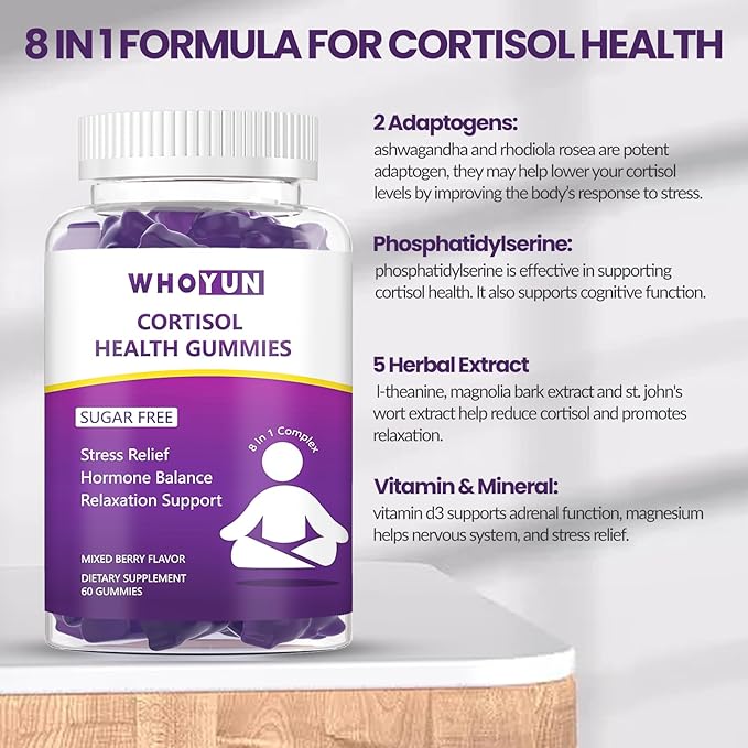 Cortisol Supplement Gummies for Women, Lower Cortisol with Phosphatidylserine Ashwagandha Magnesium, Stress Relief, Vegan Sugar Free, 60 Count