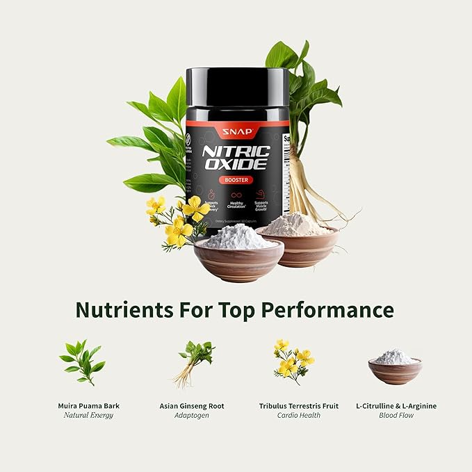 Snap Supplements Nitric Oxide Booster Supplement with L Arginine and L Citrulline Essential Amino Acids and Ginseng Root, Energy, Heart Health, Muscle Growth & Circulation Support, 90 Capsules