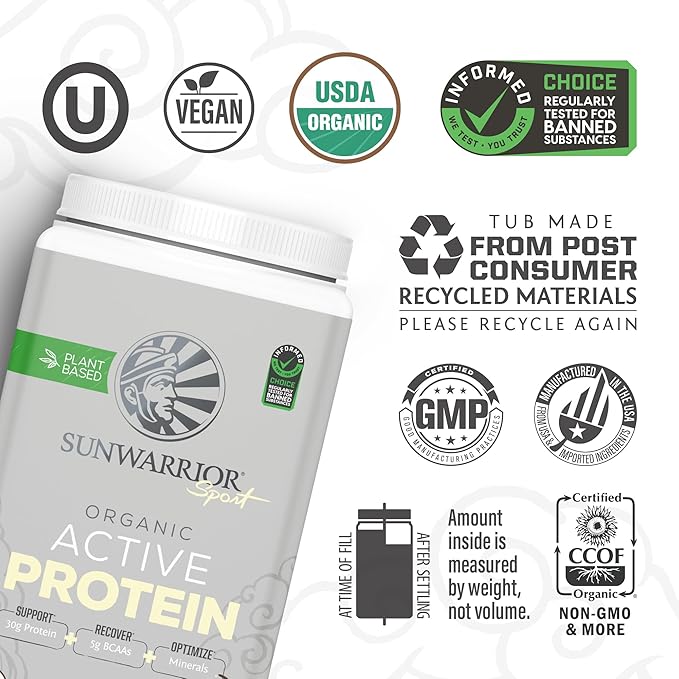 Sunwarrior Vegan Protein Powder Plant-Based USDA Organic Protein BCAAs Sugar, Gluten, Dairy Free Non-GMO Vanilla Flavored 20 Servings Sport Active