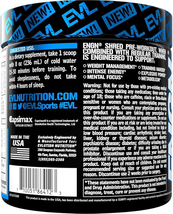 EVL Ultimate Pre Workout Powder - Thermogenic Fat Burn Support Preworkout Powder Drink for Lasting Energy Focus and Stamina - ENGN Shred Intense Creatine Free Preworkout Drink Mix - Blue Raz