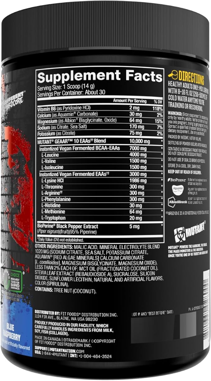 Mutant GEAAR - 9.4g of EAA Powder + Arginine, 7g BCAAs, 4g Leucine, Electrolytes, Coconut Water, 30 Servings - Blue Raspberry