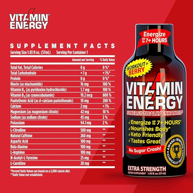 Vitamin Energy Workout+ Extra Strength Daily Energy Shot – Berry – 260mg Natural Caffeine, B-Vitamins – Pre-Workout & Endurance Support – Zero Sugar, Vegan, Kosher – 1.93 fl oz, 24-Pack