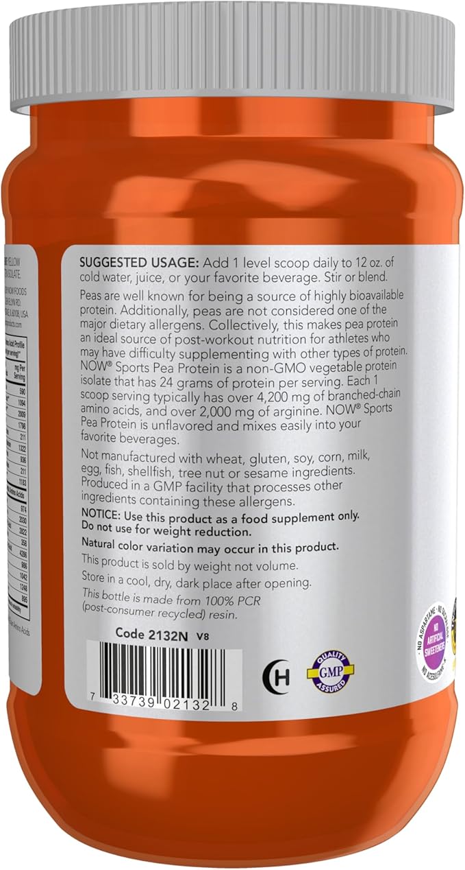 NOW Foods Sports Nutrition, Pea Protein 24 g, Easily Digested, Unflavored Powder, 12-Ounce