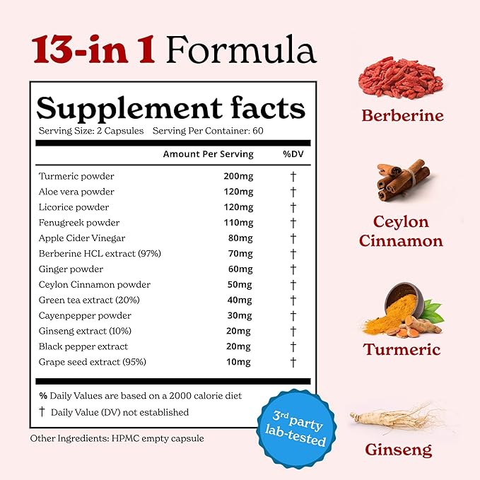 Berberine Capsules (120) with HCL 97%| with Ceylon Cinnamon, Turmeric, Green Tea, Ginseng| Aids Digestion & Supports Immunity| Vegan & Non GMO