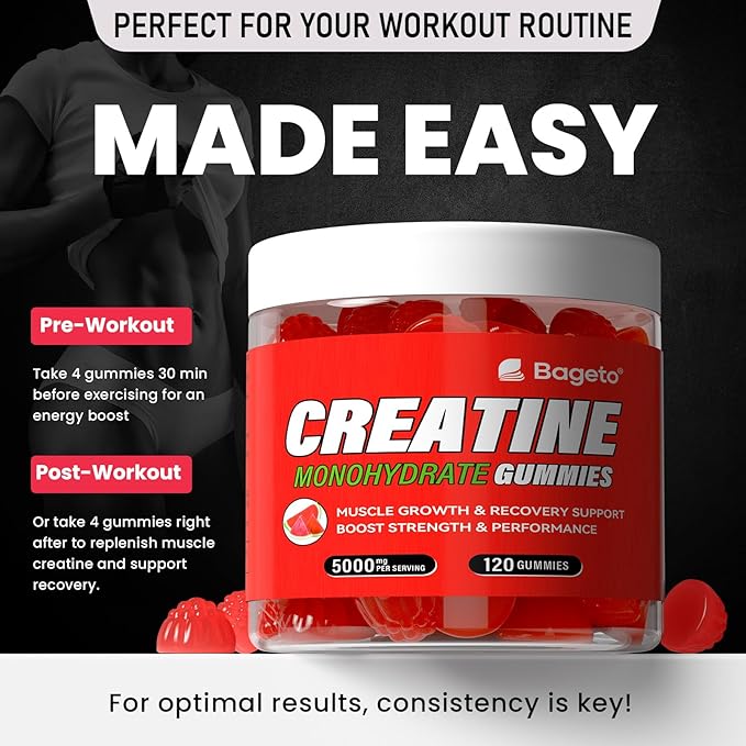 Creatine Monohydrate Gummies 5g for Men Women,Sugar Free Chewables Creatine Pre-Workout for Muscle Strength, Watermelon Flavor, 120 Count